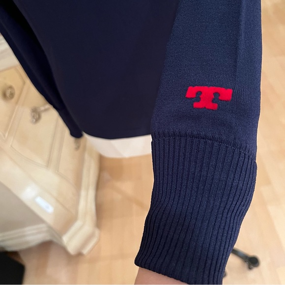 Tory Burch Candace Navy Turtleneck Sweater With Red "T" Logo On Sleeve - Picture 2 of 7